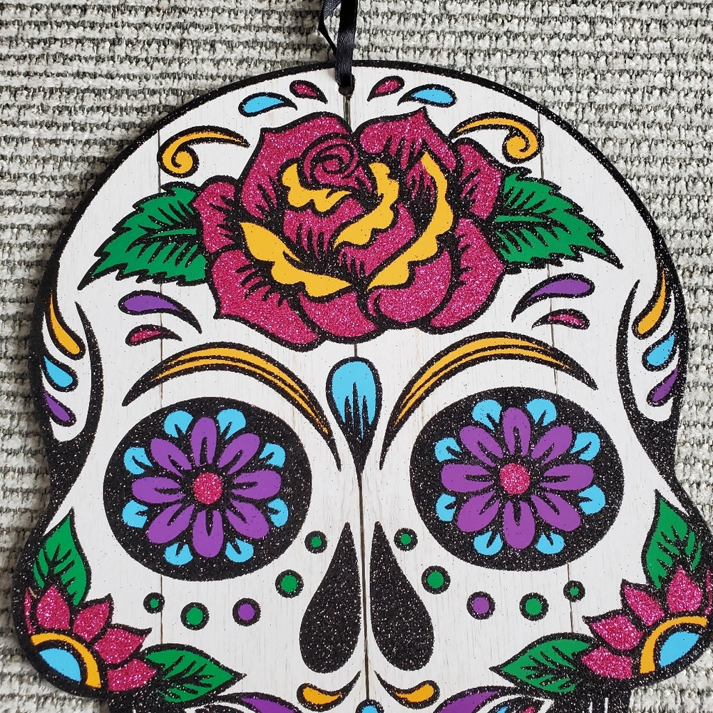 SOLD Mexican Day of The Dead Sugar Skull Wood Wall Sign - Picture 2 of 8